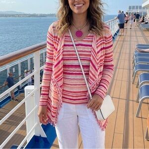 Chico's Pink Wave Striped Cardigan SET Crochet Knit Sweater & Tank Top S/M NEW